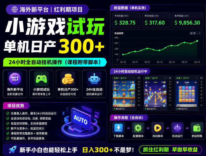 海外新平台，小游戏试玩，单机日产300+，24小时全自动挂G操作（课程附带脚本）【揭秘】-佳佳云创网