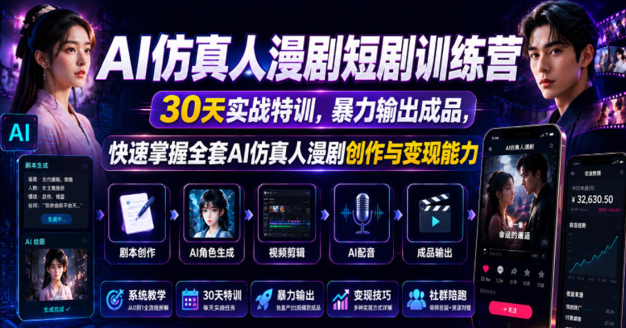 AI仿真人漫剧短剧训练营，30天实战特训，暴力输出成品，快速掌握全套AI仿真人漫剧创作与变现能力-佳佳云创网