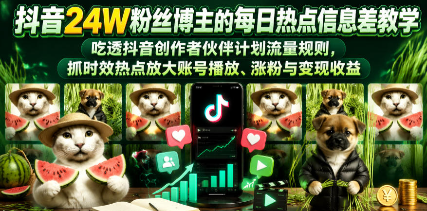 抖音24W粉丝博主的每日热点信息差教学，吃透创作者伙伴计划流量规则，抓时效热点放大账号播放、涨粉与变现收益-佳佳云创网