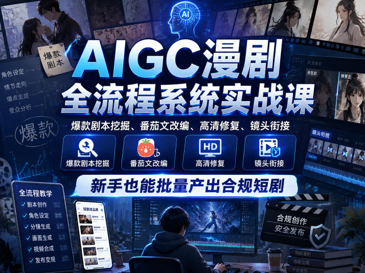 AIGC漫剧全流程系统实战课，爆款剧本挖掘、番茄文改编、高清修复、镜头衔接，新手也能批量产出合规短剧-佳佳云创网