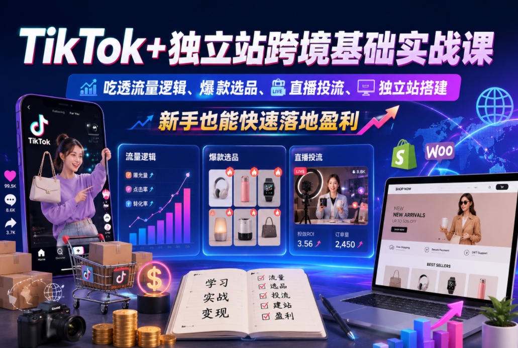 TikTok+独立站跨境基础实战课，吃透流量逻辑、爆款选品、直播投流与独立站搭建，新手也能快速落地盈利-佳佳云创网