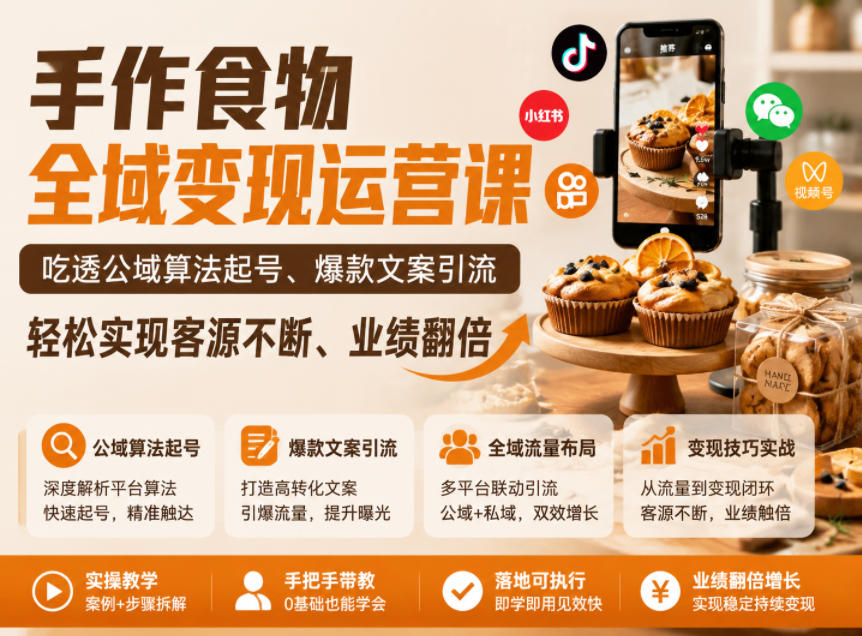 手作食物全域变现运营课，吃透公域算法起号、爆款文案引流，轻松实现客源不断、业绩翻倍-佳佳云创网