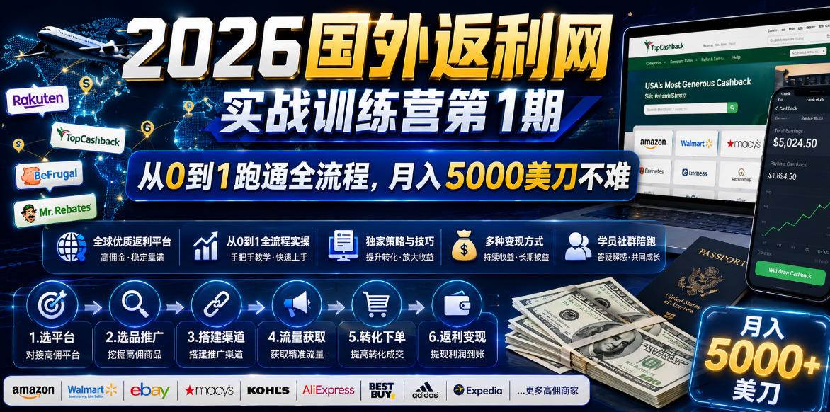 （18807期）2026国外返利网实战变现营-第一期，从零拆解项目逻辑与流程，跑通完整变现链路，月入5000美金-佳佳云创网