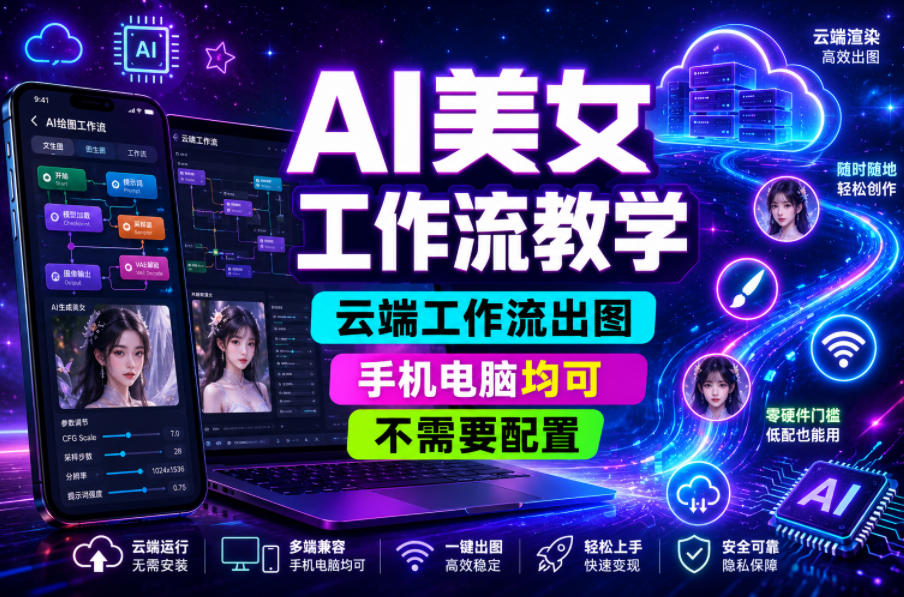 AI美女工作流教学，云端工作流出图，手机电脑均可，不需要配置，快速起号涨粉-佳佳云创网