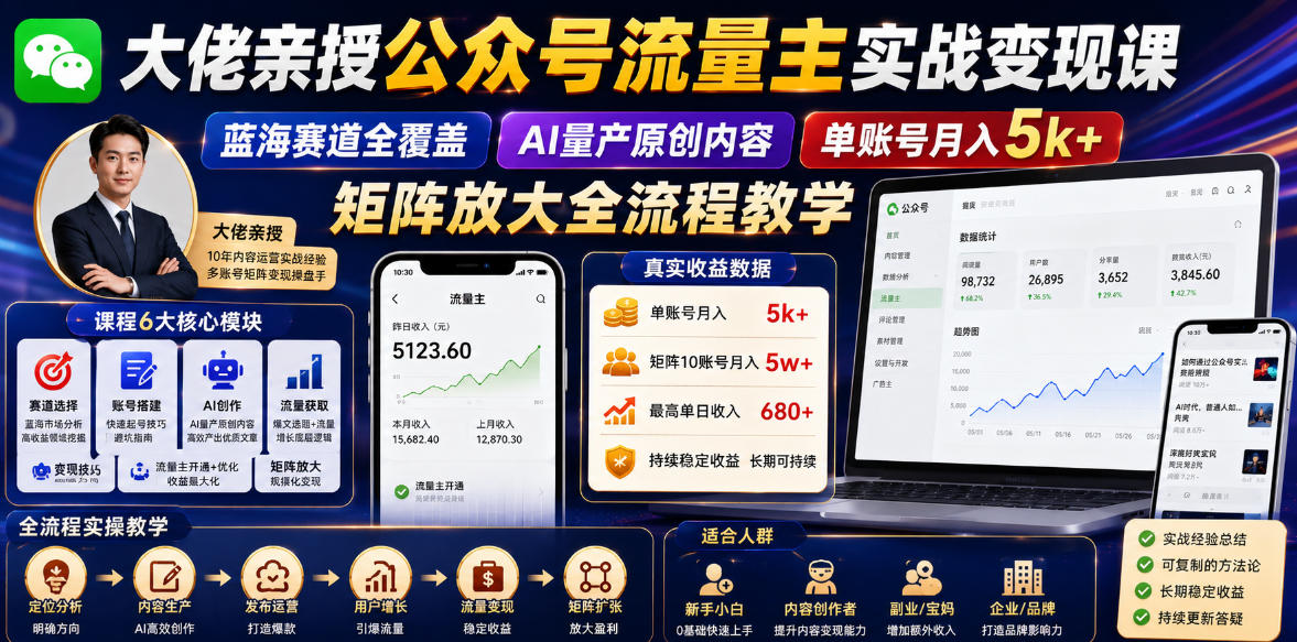 大佬亲授公众号流量主实战变现课，蓝海赛道全覆盖，AI量产原创内容，单账号月入5k+矩阵放大全流程教学-佳佳云创网