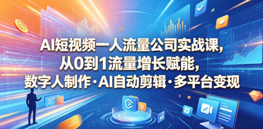 AI短视频一人流量公司实战课，从0到1流量增长赋能，数字人制作・AI自动剪辑・多平台变现，一人做流量生意全落地教程-佳佳云创网