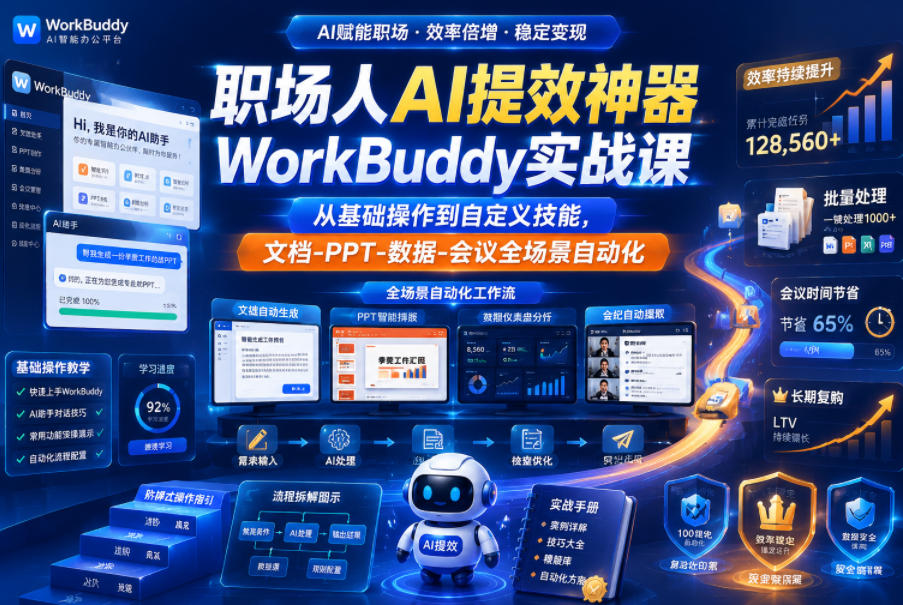 职场人AI提效神器WorkBuddy实战课，从基础操作到自定义技能，文档-PPT-数据-会议全场景自动化-佳佳云创网