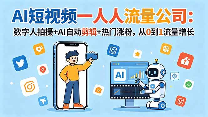 （18864期）AI短视频一人流量公司：数字人拍摄+AI自动剪辑+热门涨粉，从0到1流量增长-佳佳云创网