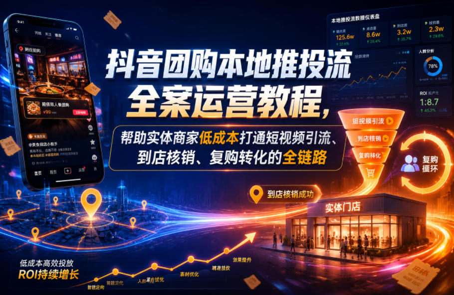 抖音团购本地推投流全案运营教程，帮助实体商家低成本打通短视频引流、到店核销、复购转化的全链路-佳佳云创网