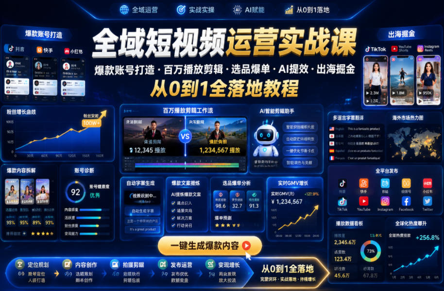 全域短视频运营实战课，爆款账号打造・百万播放剪辑・选品爆单・AI提效・出海掘金，从0到1全落地教程-佳佳云创网