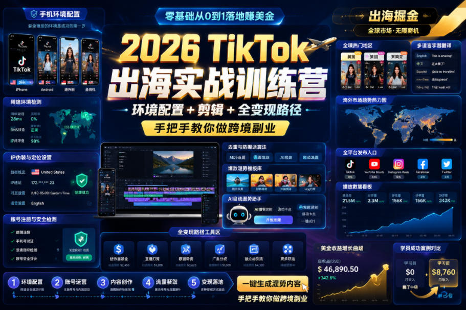 2026 TikTok出海实战训练营，环境配置 + 剪辑 + 全变现路径，手把手教你做跨境副业-佳佳云创网