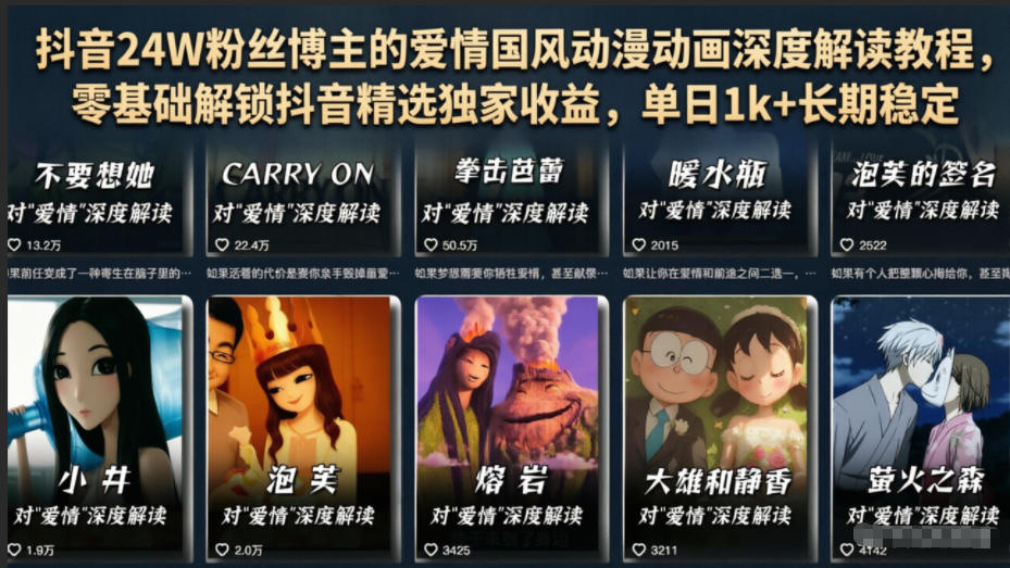抖音24W粉丝博主的爱情国风动漫动画深度解读教程，零基础解锁抖音精选独家收益，单日1k+长期稳定-佳佳云创网