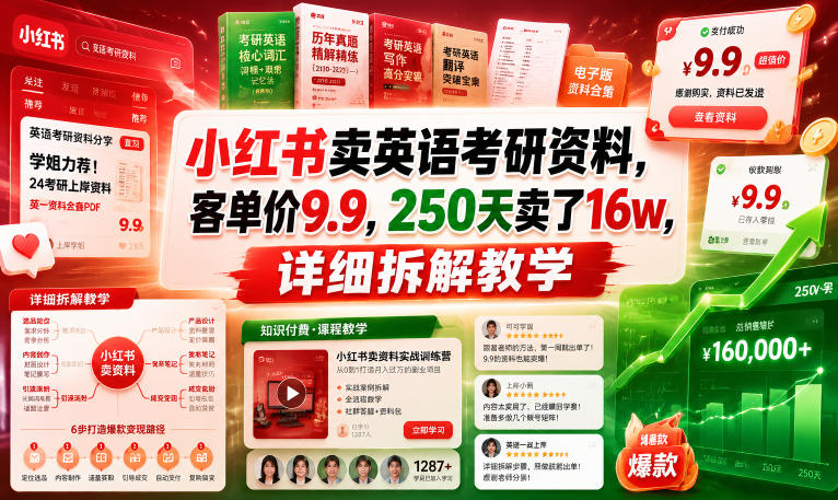 小红书卖英语考研资料，客单价9.9，250天卖了16w，详细拆解教学-佳佳云创网