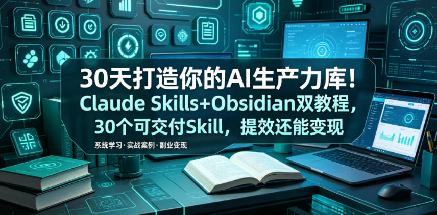30天打造你的AI生产力库！Claude Skills+Obsidian 双教程，30 个可交付 Skill，提效还能变现-佳佳云创网