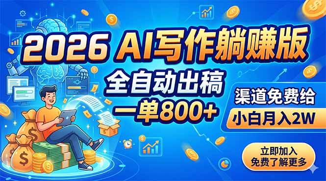 （18885期）2026 AI写作躺赚版：全自动出稿，一单800+，渠道免费给，小白月入2W-佳佳云创网