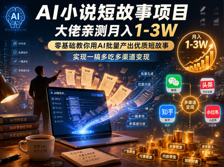 AI小说短故事项目，大佬亲测月入1-3W，零基础教你用AI批量产出优质短故事，实现一稿多吃多渠道变现-佳佳云创网