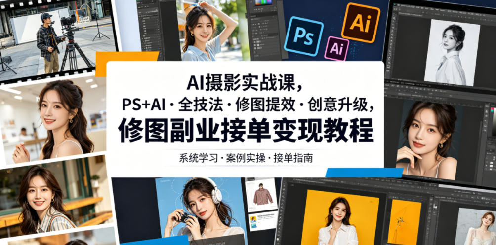 AI摄影实战课，PS+AI・全技法・修图提效・创意升级，修图副业接单变现教程-佳佳云创网