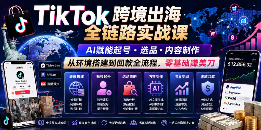 TikTok跨境出海全链路实战课，AI赋能起号・选品・内容制作，从环境搭建到回款全流程，零基础賺美刀-佳佳云创网