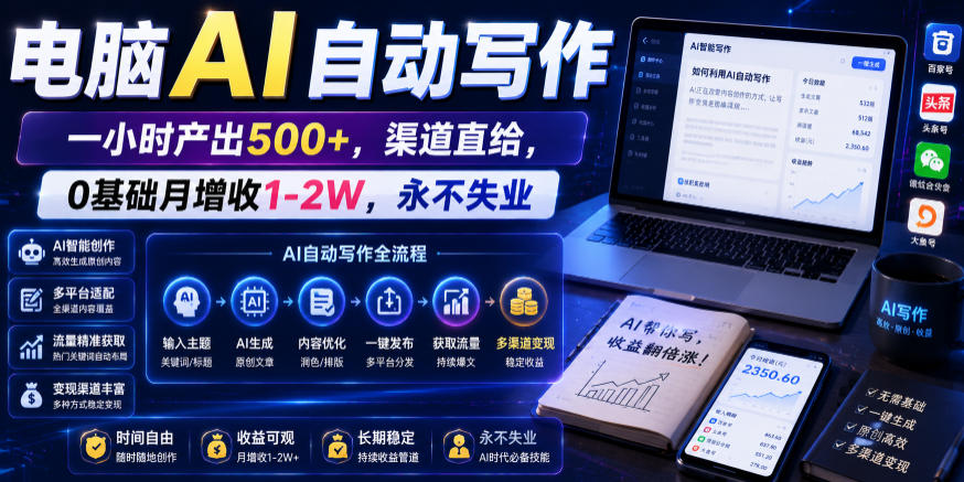 电脑AI自动写作，一小时产出500+，渠道直给，0基础月增收1-2W，永不失业【揭秘】-佳佳云创网