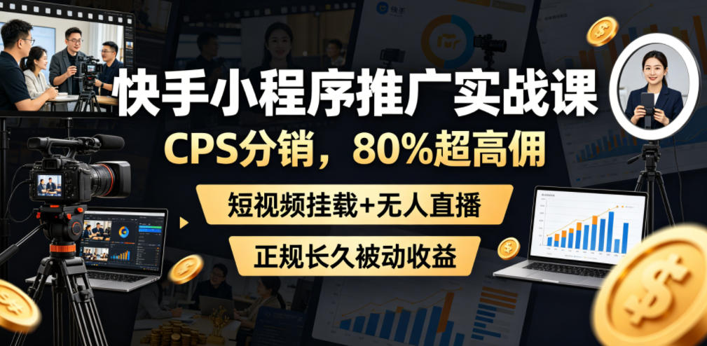 快手小程序推广实战课，CPS分销，80%超高佣，短视频挂载+无人直播，正规长久被动收益-佳佳云创网