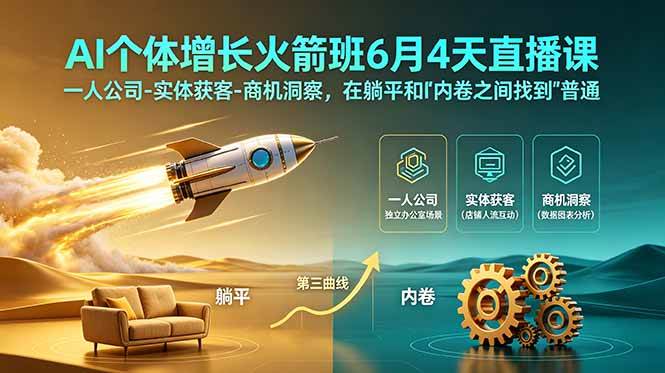 （18937期）AI个体增长火箭班6月4天直播课，一人公司-实体获客-商机洞察，在躺平和内卷之间找到“普通人创收”的第三曲线-佳佳云创网