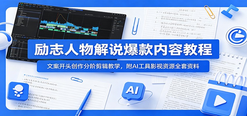 励志人物解说爆款内容教程：文案开头创作分阶剪辑教学，附AI 工具影视资源全套资料-佳佳云创网