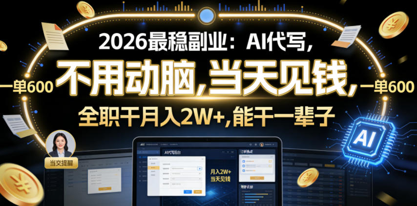 2026最稳副业：AI代写，不用动脑，当天见钱，一单600，全职干月入2W+，能干一辈子【揭秘】-佳佳云创网