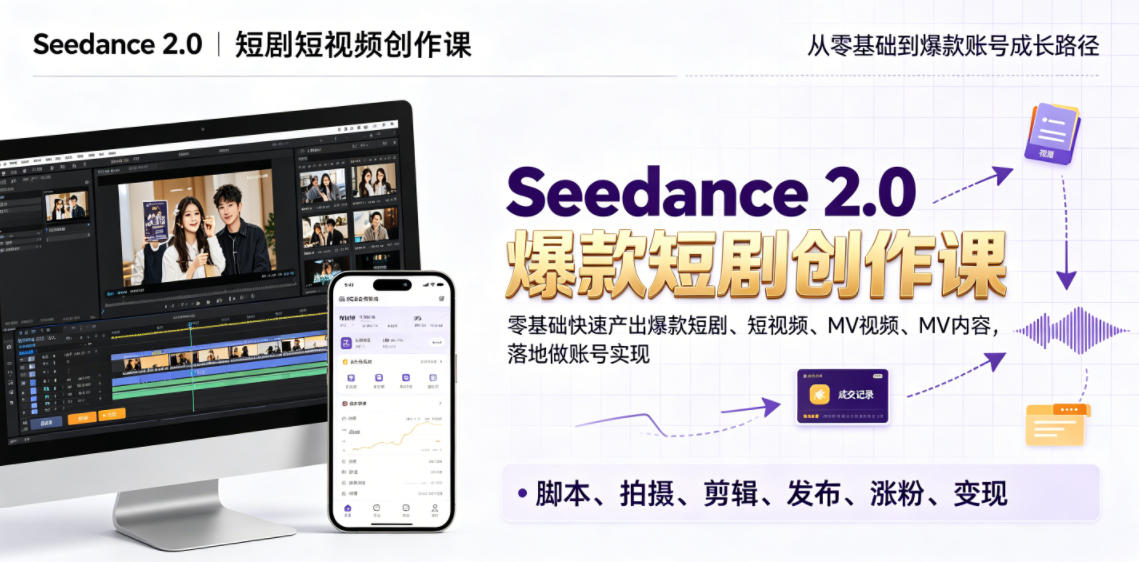 Seedance 2.0短剧短视频创作课，零基础快速产出爆款短剧、短视频、MV内容，落地做账号实现变现-佳佳云创网