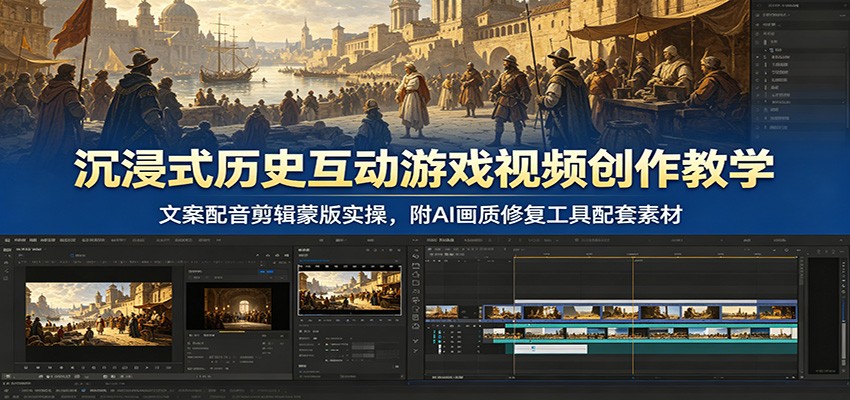 沉浸式历史互动游戏视频创作教学：文案配音剪辑蒙版实操，附AI画质修复工具配套素材-佳佳云创网