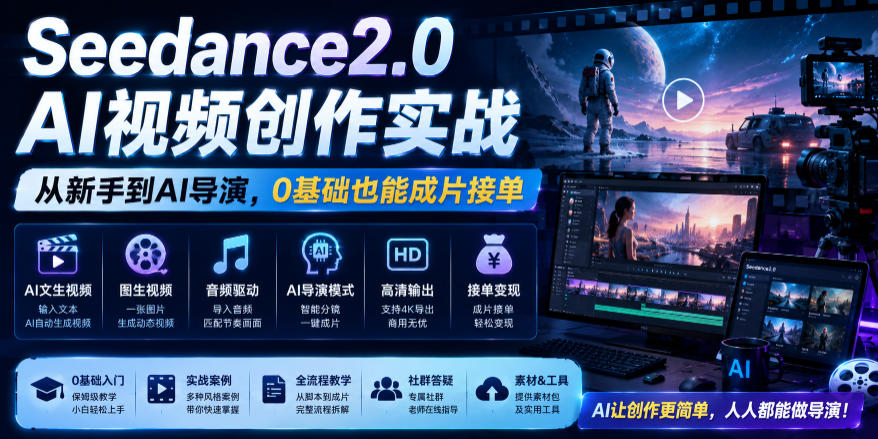 Seedance2.0 AI视频创作实战，从新手到AI导演，0基础也能成片接单变现-佳佳云创网