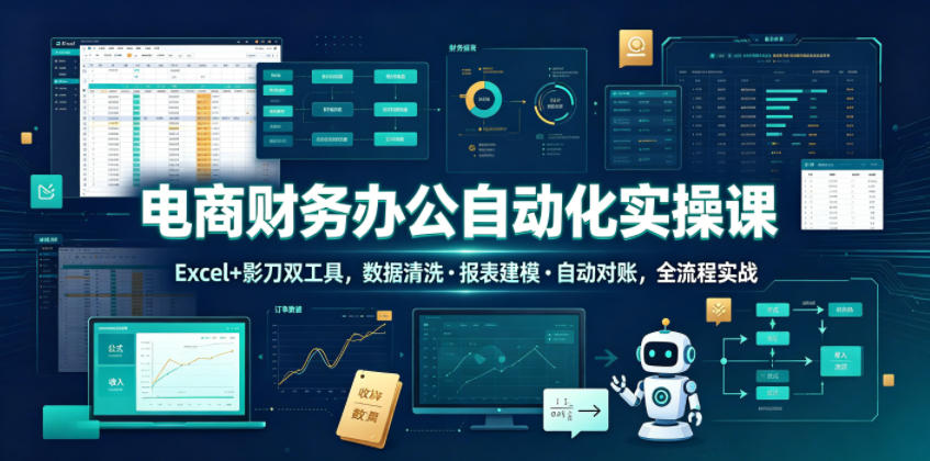 电商财务办公自动化实操课，Excel+影刀双工具，数据清洗・报表建模・自动对账，全流程实战-佳佳云创网